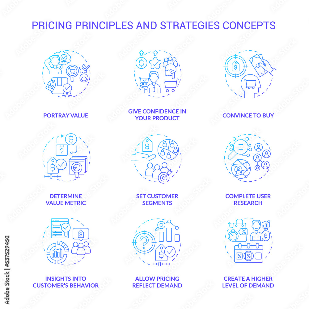 Poster pricing principles and strategies blue gradient concept icons set. set customer segments idea thin l