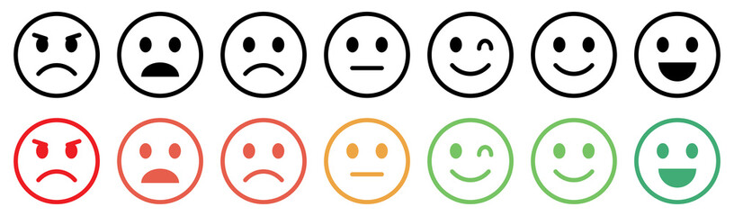 Set of emoticons with different moods. Bad, awful, normal, good, excellent. Emoji faces collection.