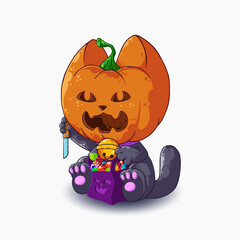 Scary cartoon kitten with a pumpkin on his head. Halloween vector illustration isolated on white background. Suitable for postcards, t-shirts, mugs, and more.
