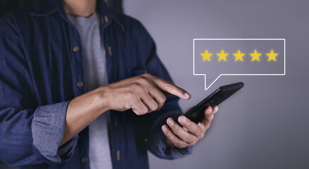 Customer review satisfaction feedback survey concept, User give rating to service experience on online application, Customer can evaluate quality of service leading to reputation ranking of business.