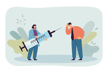 Confused hesitant man thinking about problems of vaccination. Tiny woman holding syringe with vaccine flat vector illustration. Reluctance concept for banner, website design or landing web page