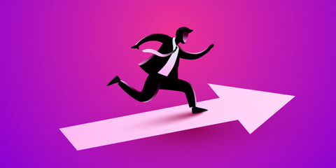The businessman runs along the growing arrow. The concept of success and achievement of goals.