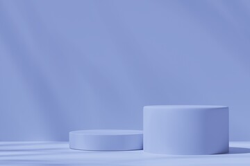 Two round podiums on a blue background with shadows, 3d render