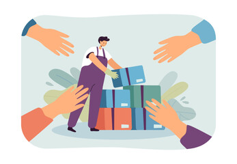Delivery service worker handing out boxes to customers. Hands of people receiving parcels in post office flat vector illustration. Order, storage concept for banner, website design or landing web page