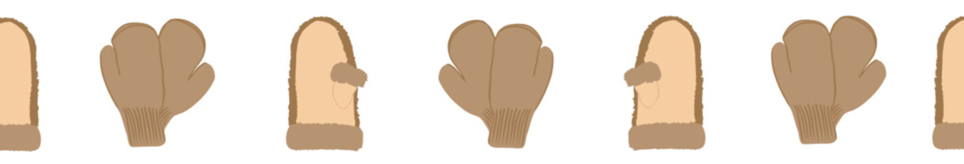 Colorful Retro Knitted mittens Vector Seamless Horizontal Pattern Border. Hand Drawn Fair Isle Knitwear Graphic Print. Autumn Background. Cozy Fall Design