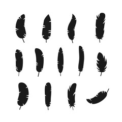 Set black feathers silhouettes on transparent background. Decorative illustration for sandblasting, laser and plotter cutting.