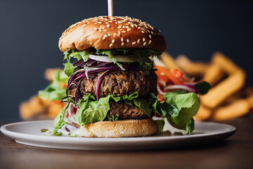 A delicious vegan burger on the plate on the table, healthy vegan food - obrazy, fototapety, plakaty