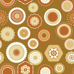 Seamless pattern with geometric aboriginal ornament. Ethnic tribal rounded color background. Afican, australian motiph. Dots painting. Vector illustration, template design for cloth, card, fabric