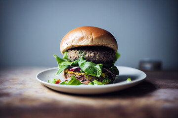 A delicious vegan burger on the plate on the table, healthy vegan food