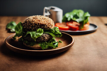 A delicious vegan burger on the plate on the table, healthy vegan food
