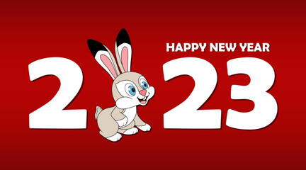 Happy Chinese new year 2023 Rabbit Zodiac sign. White numbers 2023 with cartoon rabbit isolated on red holiday background. Template of design greeting card, poster, banner, brochure for the new year.