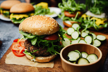 A delicious vegan burger on the plate on the table, healthy vegan food
