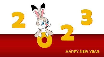 Happy Chinese new year 2023. Rabbit Zodiac sign as a symbol of New Year. Holiday template design number 2023 for card, poster, banner, flyer with Christmas decorative objects. Holiday art for kids.