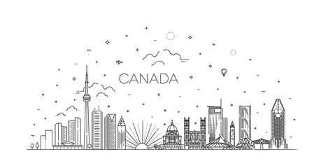 Canada architecture line skyline illustration. famous landmarks. Montreal and Toronto