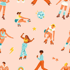 Seamless pattern with retro style roller skaters. Vector illustration of young men and women wearing quad skates. Roller disco concept in colorful flat style.
