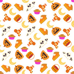 Halloween seamless pattern background design with pumpkin lantern, autumn pie,candies, and other scary or festive elements on white background.