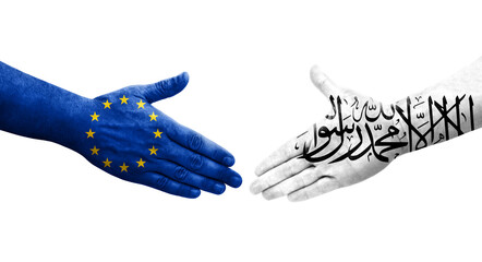 Handshake between Afghanistan and European Union flags painted on hands, isolated transparent image.