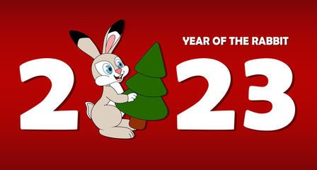 Christmas and New Year background with cartoon Rabbit. White numbers 2023 and cute rabbit carries a green tree. Rabbit as symbol of 2023 Chinese New Year. Template for card, poster, banner, brochure.