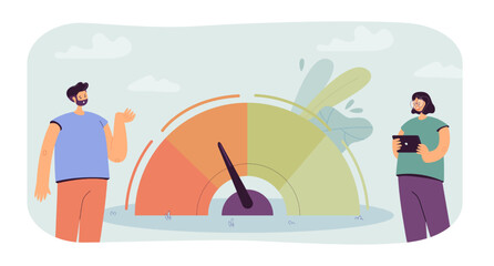 People using level meter with arrow to measure. Gauge needle in orange zone for tiny man and woman flat vector illustration. Risk, indicator concept for banner, website design or landing web page