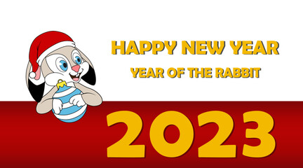 Happy smilling rabbit in Santa hat holding Christmas ball. New Year and Christmas background with gold numbers 2023 and space for your text. Rabbit as symbol of Chinese New Year. Year of the Rabbit.