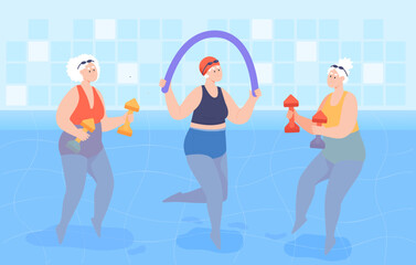 Senior women exercising with dumbbells in swimming pool. Aged persons doing exercises in water flat vector illustration. Hydrotherapy, holiday, old age concept for banner or landing web page