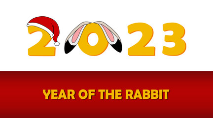 New Year and Christmas background with cartoon Rabbit ears and Santa hat on numbers 2023. Year of Rabbit. Holiday template for card, poster, banner, flyer with design of Christmas decorative objects.