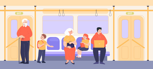 Boy offering seat to old man on train. Little kid giving seat to elderly person on subway flat vector illustration. Assistance, kindness, transportation concept for banner or landing web page