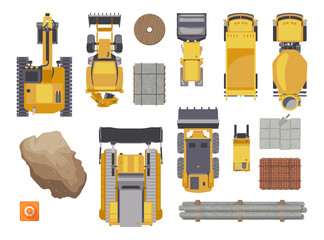 Top view of vehicles for construction vector illustrations set. Collection of drawings of yellow tractor, bulldozer, truck, digger isolated on white background. Heavy machinery, construction concept © SurfupVector