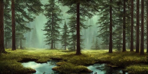 Fototapeta na wymiar Summer landscape of a coniferous forest near the water