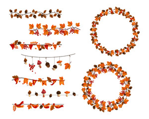 Autumn wreath and border set. Vector illustrations of fall frames. Cartoon garlands with maple leaves, flags and mushrooms, foliage and sprigs with acorns isolated on white. Thanksgiving decor concept