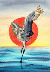 Watercolor illustration of a crane with white and black wings dancing in blue water against a bright red sunset sun