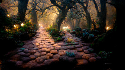 Camino empedrado con piedra tipo adoquin, adentrandose a un bosque tenebroso.