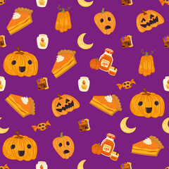 Halloween seamless pattern background design with pumpkin lantern, autumn pie,candies, and other scary or festive elements on purple background.
