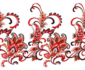 Paisley floral seamless border pattern, vintage watercolor design elements.