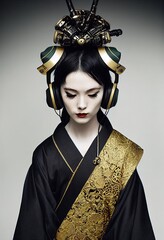 Eine junge schöne Geisha in Kimono und Kopfhörern. Porträt einer wunderschönen Geisha in einem schwarz-goldenen Kimono. 3D-Rendering. © designprojects