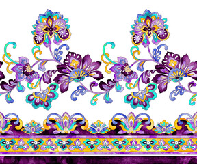 Vintage paisley floral seamless border, watercolor ethnic design element.