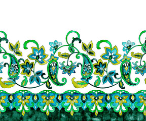Watercolor paisley floral seamless horizontal border, hand drawn vintage ornate ethnic pattern.
