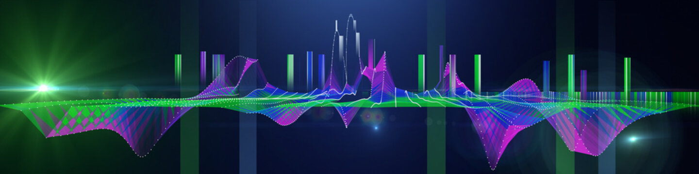Abstract  background polygonal 3d grid with color blurred lines and spot. Presentation concept of glow algorithms data grid. Banner for business, science and technology. Big Data.