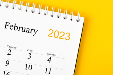 Close up the February 2023 Monthly desk calendar for 2023 year on yellow background.