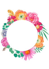 Bohemian watercolor round boho frame with flowers, feathers and crystals. Wedding arrangements in boho style