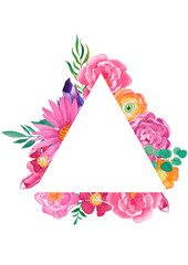 Bohemian watercolor triangle boho frame with flowers, feathers and crystals. Wedding arrangements in boho style