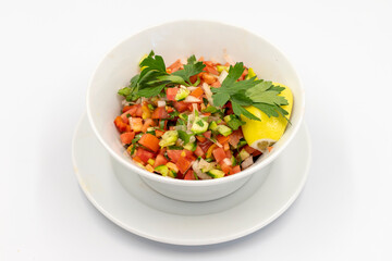 Salad on isolated on white background. Salad with tomato, cucumber and pepper. close up