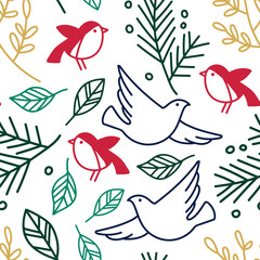Colorful seamless pattern with christmas birds, pigeons, leafs, spruce branches
