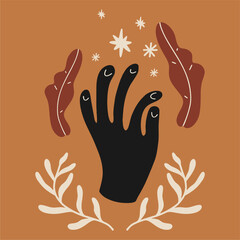 Obraz premium Illustration of hands, plants and abstracts. Unique print in boh style. Perfect for poster or postcard template, trendy t-shirt design.