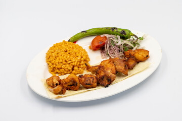 Grilled chicken skewers isolated on white background. Turkish foods. close up