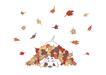 Digital Hand drawn funny children's 
illustration. cartoon characters Dog and autumn leaves on a white background.  Falling leaves. jpg  template print 