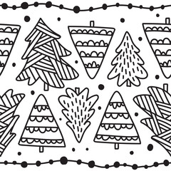 Fototapeta premium Monochrome seamless pattern with decorative christmas trees and garlands isolated on transparent background