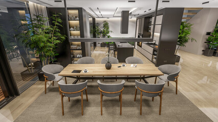 3d rendering of modern cozy interior with living,dining zone stair and kitchen for sale or rent with wood plank by the sea or ocean. Spacious apartments with expensive furniture,equipment and flowers