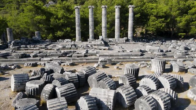 View of historical ruins, columns, ancient theater and temples in the ancient city of Priene.