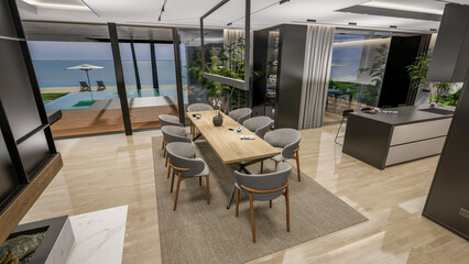 Fototapeta premium 3d rendering of modern cozy interior with living,dining zone stair and kitchen for sale or rent with wood plank by the sea or ocean. Spacious apartments with expensive furniture,equipment and flowers